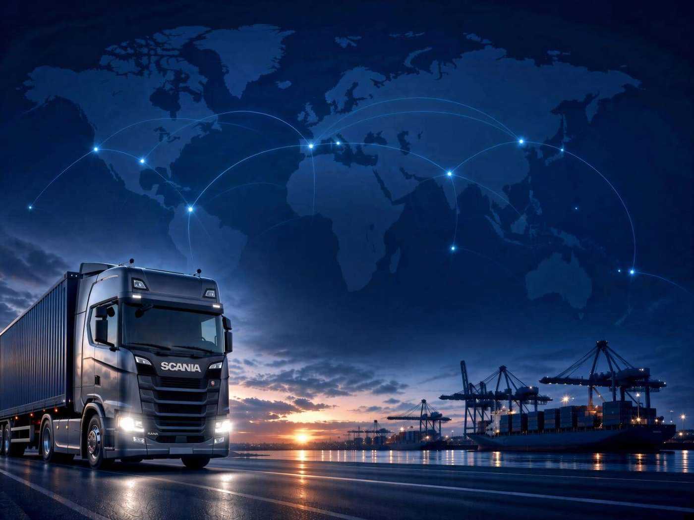 Camión Scania y puerto de contenedores al atardecer — conexión global VDM