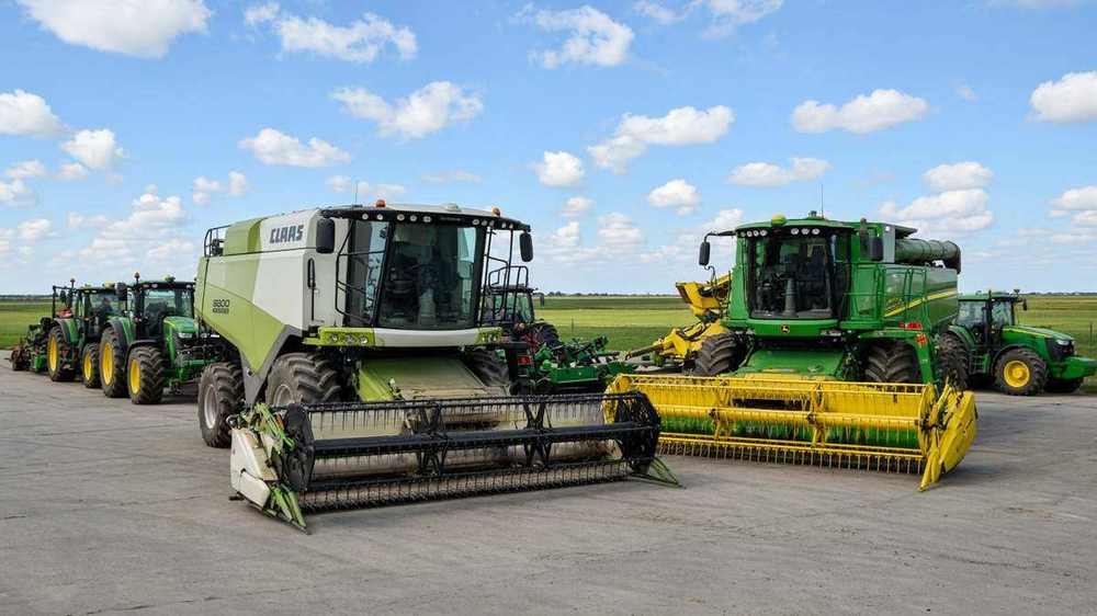 Yard agrícola con cosechadoras Claas y John Deere bajo cielo azul