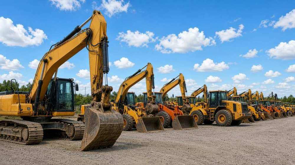 Yard europeo de maquinaria de construcción bajo cielo azul
